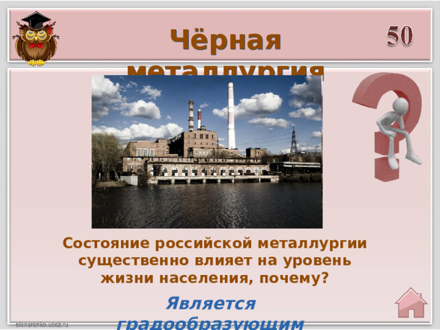 Чёрная металлургия Состояние российской металлургии существенно влияет на уровень жизни населения, почему? Является градообразующим 