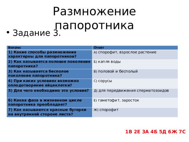Размножение папоротника Задание 3. Вопрос Ответ 1) Какие способы размножения характерны для папоротников? А) спорофит, взрослое растение 2) Как называется половое поколение папоротника? Б) капля воды 3) Как называется бесполое поколение папоротника? В) половой и бесполый 4) При каких условиях возможно оплодотворение яйцеклетки? С) сорусы 5) Для чего необходимо это условие? Д) для передвижения сперматозоидов 6) Какая фаза в жизненном цикле   папоротника преобладает? Е) гаметофит, заросток 7) Как называются красные бугорки на внутренней стороне листа? Ж) спорофит 1В 2Е 3А 4Б 5Д 6Ж 7С 