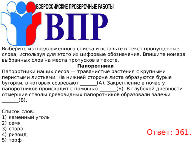 Выберите из предложенного списка и вставьте в текст пропущенные слова, используя для этого их цифровые обозначения. Впишите номера выбранных слов на места пропусков в тексте. Папоротники Папоротники наших лесов  — травянистые растения с крупными перистыми листьями. На нижней стороне листа образуются бурые бугорки, в которых созревают _______(А). Закрепление в почве у папоротников происходит с помощью _______(Б). В глубокой древности отмершие стволы древовидных папоротников образовали залежи _______(В).   Список слов:  1)  каменный уголь 2)  семя 3)  спора 4)  ризоид 5)  торф 6)  корень Ответ: 361.  