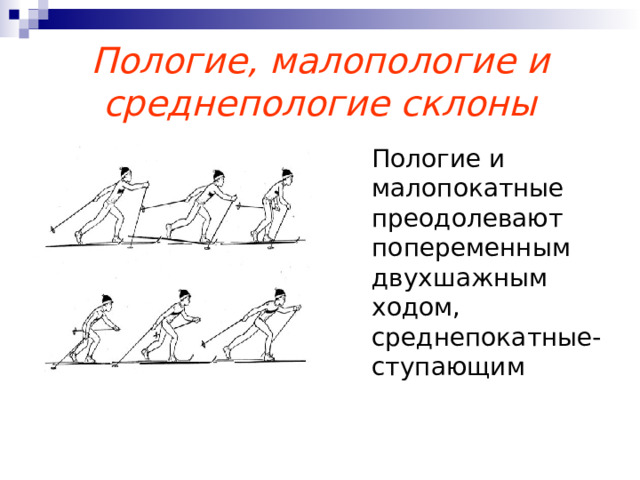 Пологие, малопологие и среднепологие склоны  Пологие и малопокатные преодолевают попеременным двухшажным ходом, среднепокатные- ступающим 