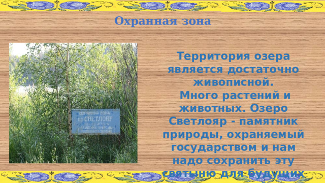 Охранная зона Территория озера является достаточно живописной.  Много растений и животных. Озеро Светлояр - памятник природы, охраняемый государством и нам надо сохранить эту святыню для будущих поколений 
