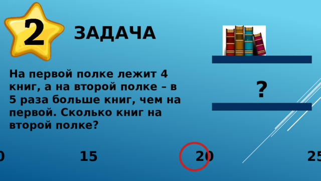 Задача На первой полке лежит 4 книг, а на второй полке – в 5 раза больше книг, чем на первой. Сколько книг на второй полке? ? 10 15 20 25 