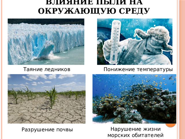 Влияние пыли на окружающую среду Таяние ледников Понижение температуры Нарушение жизни морских обитателей Разрушение почвы 