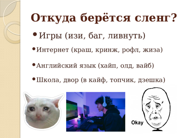 Откуда берётся сленг? Игры (изи, баг, ливнуть) Интернет (краш, кринж, рофл, жиза) Английский язык (хайп, олд, вайб) Школа, двор (в кайф, топчик, дзешка) 