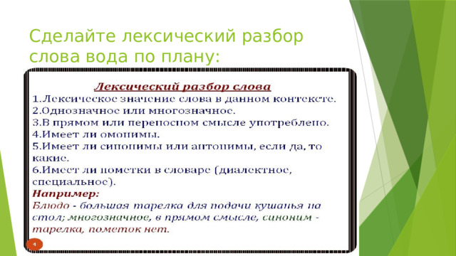 Сделайте лексический разбор слова вода по плану: 