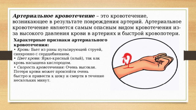 Артериальное кровотечение – это кровотечение, возникающее в результате повреждения артерий. Артериальное кровотечение является самым опасным видом кровотечения из-за высокого давления крови в артериях и быстрой кровопотери. Характерные признаки артериального кровотечения: • Кровь: Бьет из раны пульсирующей струей, синхронно с сердцебиением. • Цвет крови: Ярко-красный (алый), так как кровь насыщена кислородом. • Скорость кровотечения: Очень высокая. Потеря крови может произойти очень быстро и привести к шоку и смерти в течение нескольких минут. 