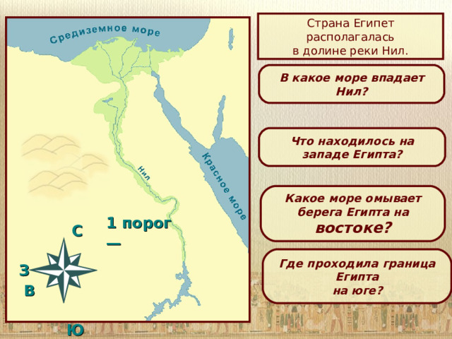 Страна Египет располагалась  в долине реки Нил. В какое море впадает Нил? Что находилось на западе Египта? Какое море омывает берега Египта на востоке? 1 порог —   C  З В   Ю Где проходила граница Египта  на юге? 