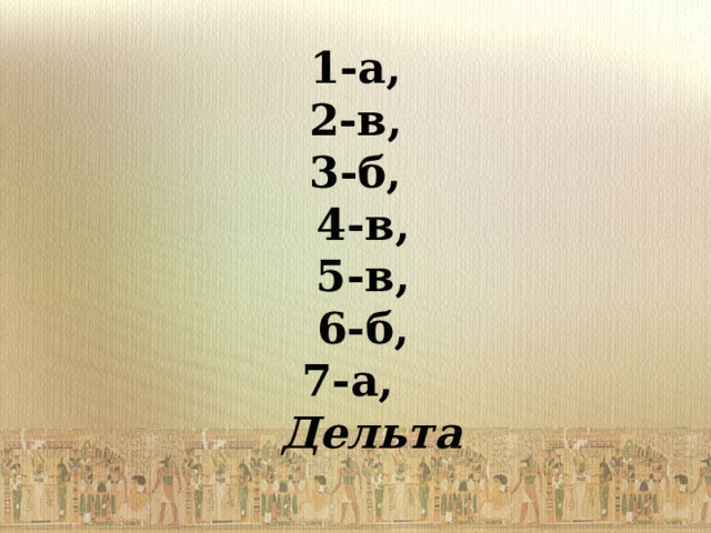         1-а,  2-в,  3-б,  4-в,  5-в,  6-б,  7-а,   Дельта   