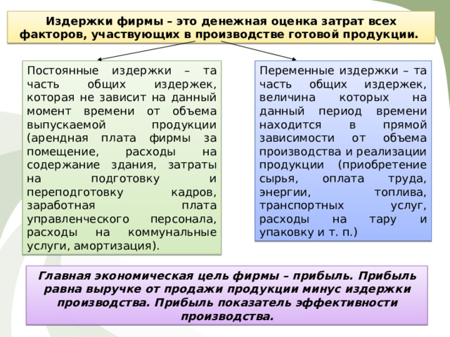 Издержки фирмы – это денежная оценка затрат всех факторов, участвующих в производстве готовой продукции. Переменные издержки – та часть общих издержек, величина которых на данный период времени находится в прямой зависимости от объема производства и реализации продукции (приобретение сырья, оплата труда, энергии, топлива, транспортных услуг, расходы на тару и упаковку и т. п.) Постоянные издержки – та часть общих издержек, которая не зависит на данный момент времени от объема выпускаемой продукции (арендная плата фирмы за помещение, расходы на содержание здания, затраты на подготовку и переподготовку кадров, заработная плата управленческого персонала, расходы на коммунальные услуги, амортизация) . Главная экономическая цель фирмы – прибыль. Прибыль равна выручке от продажи продукции минус издержки производства. Прибыль показатель эффективности производства. 
