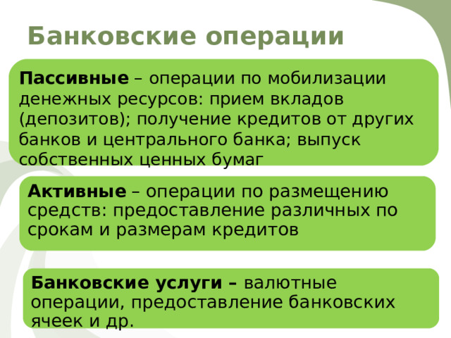 Банковские операции Пассивные – операции по мобилизации денежных ресурсов: прием вкладов (депозитов); получение кредитов от других банков и центрального банка; выпуск собственных ценных бумаг Активные – операции по размещению средств: предоставление различных по срокам и размерам кредитов Банковские услуги – валютные операции, предоставление банковских ячеек и др. 