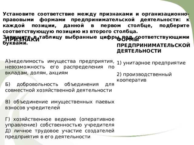 Установите соответствие между признаками и организационно-правовыми формами предпринимательской деятельности: к каждой позиции, данной в первом столбце, подберите соответствующую позицию из второго столбца. Запишите в таблицу выбранные цифры под соответствующими буквами. ПРИЗНАКИ    А)неделимость имущества предприятия, невозможность его распределения по вкладам, долям, акциям Б) добровольность объединения для совместной хозяйственной деятельности B) объединение имущественных паевых взносов учредителей Г) хозяйственное ведение (оперативное управление) собственностью учредителя Д) личное трудовое участие создателей предприятия в его деятельности ФОРМЫ ПРЕДПРИНИМАТЕЛЬСКОЙ ДЕЯТЕЛЬНОСТИ 1) унитарное предприятие 2) производственный кооператив 