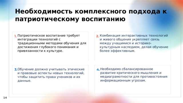  Необходимость комплексного подхода к патриотическому воспитанию          Патриотическое воспитание требует интеграции технологий с традиционными методами обучения для достижения глубокого понимания и привязанности к культуре. Комбинация интерактивных технологий и живого общения укрепляет связь между учащимися и историко-культурным наследием, делая обучение более эффективным. Необходимо сбалансированное развитие критического мышления и медиаграмотности для противостояния информационным угрозам. Обучение должно учитывать этические и правовые аспекты новых технологий, чтобы защитить права учеников и их данные. 14 