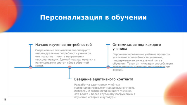  Персонализация в обучении Начало изучения потребностей Оптимизация под каждого ученика Современные технологии анализируют индивидуальные потребности учеников, что позволяет понять направления персонализации. Данный подход начался с использования систем сбора обратной связи. Персонализированные учебные процессы усиливают вовлечённость учеников, поддерживая их уникальный путь в обучении. Такая оптимизация способствует эффективному освоению патриотических знаний. Введение адаптивного контента Разработка адаптивных учебных материалов позволяет максимально учесть интересы и склонности каждого ученика. Это ведёт к более глубокому погружению в изучение истории и культуры. 5 