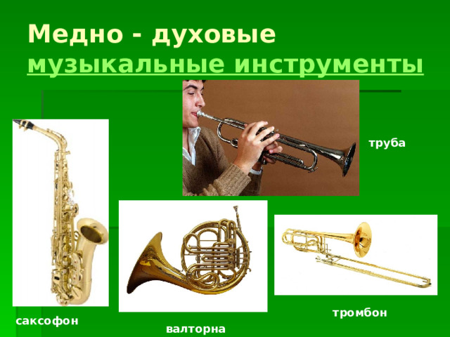 Медно - духовые музыкальные инструменты  труба тромбон саксофон валторна 