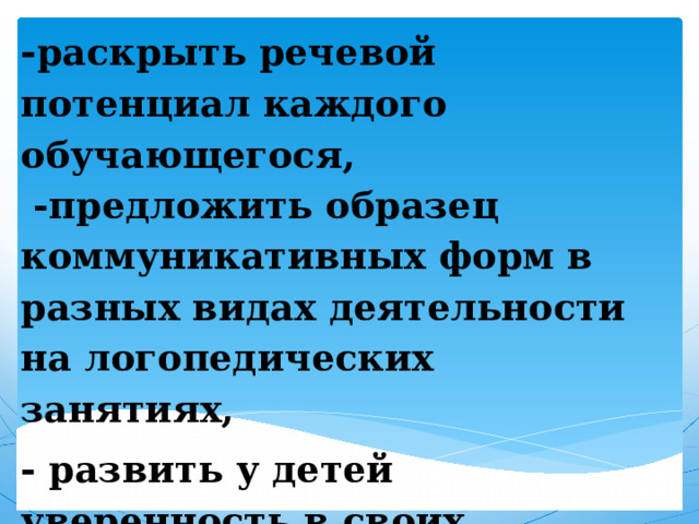 Задача учителя-логопеда: - раскрыть речевой потенциал каждого обучающегося, -предложить образец коммуникативных форм в разных видах деятельности на логопедических занятиях, - развить у детей уверенность в своих речевых возможностях . 