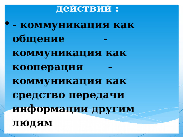 Группы коммуникативных действий : - коммуникация как общение - коммуникация как кооперация -коммуникация как средство передачи информации другим людям 