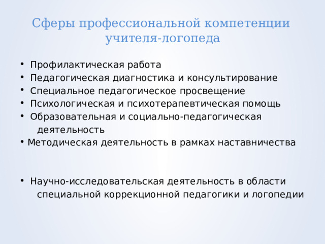 Сферы профессиональной компетенции  учителя-логопеда  Профилактическая работа  Педагогическая диагностика и консультирование  Специальное педагогическое просвещение  Психологическая и психотерапевтическая помощь  Образовательная и социально-педагогическая  деятельность Методическая деятельность в рамках наставничества  Научно-исследовательская деятельность в области  специальной коррекционной педагогики и логопедии 