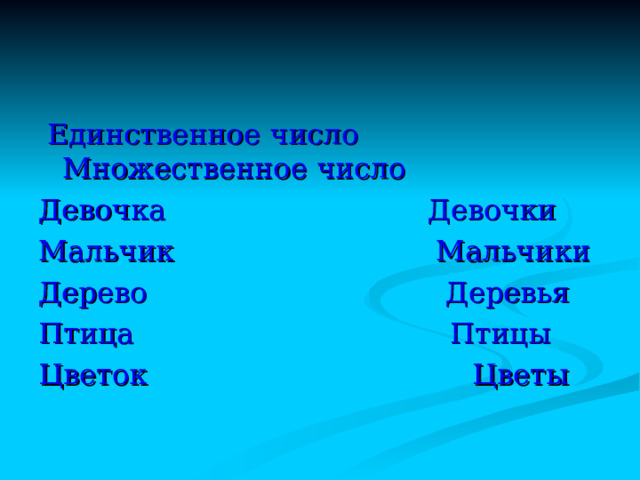  Единственное число Множественное число  Кораблик Кораблики Скворечник Скворечники Лестница Лестницы Ручей Ручьи Пень Пни Дом Дома 