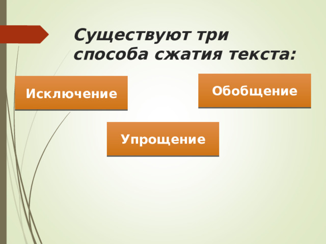 Существуют три способа сжатия текста: Обобщение Исключение Упрощение 