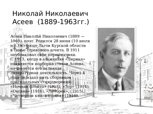 Николай Николаевич Асеев (1889-1963гг.) Асеев Николай Николаевич (1889 — 1963), поэт. Родился 28 июня (10 июля н.с.) в городе Льгов Курской области в семье страхового агента. В 1911 опубликовал свои первые стихи. С 1913, когда в альманахе «Лирика» появляется подборка стихов Асеева, начинается его активная литературная деятельность. Через 4 года он издал пять сборников оригинальных стихотворений: «Ночная флейта» (1913), «Зор» (1914), «Оксана» (1916), «Леторей», (1915), «Четвертая книга стихов» (1916).  