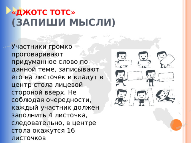 «ДЖОТС ТОТС»  (ЗАПИШИ МЫСЛИ) Участники громко проговаривают придуманное слово по данной теме, записывают его на листочек и кладут в центр стола лицевой стороной вверх. Не соблюдая очередности, каждый участник должен заполнить 4 листочка, следовательно, в центре стола окажутся 16 листочков 