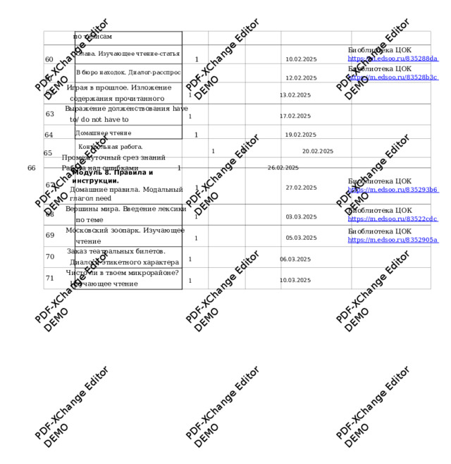 PDF-XChange Editor DEMO PDF-XChange Editor DEMO PDF-XChange Editor DEMO PDF-XChange Editor DEMO PDF-XChange Editor DEMO PDF-XChange Editor DEMO PDF-XChange Editor DEMO PDF-XChange Editor DEMO PDF-XChange Editor DEMO PDF-XChange Editor DEMO PDF-XChange Editor DEMO PDF-XChange Editor DEMO по тезисам Биоблиотека ЦОК htt p s:// m .edsoo . ru/83528 8 d a  60   Слава. Из у чающее чтение-статья  1       10.02.2025 Биоблиотека ЦОК htt p s:// m .edsoo . ru/83528 b 3 c  61   В бюро находок. Д иалог-расспрос  1       12.02.2025 Играя в прошлое. Изложение 62  содержания прочитанного  1       13.02.2025    Выражение долженствования have 63  to/ do not have to  1       17.02.2025    64   Домашнее чтение  1       19.02.2025    65   Контрольная работа. Промеж у точный срез знаний  1   1    20.02.2025    66   Работа над ошибками  1       26.02.2025    Модуль 8. Правила и инструкции.  Биоблиотека ЦОК htt p s:// m .edsoo . ru/83529 3 b 6   1       27.02.2025 67  Домашние правила. Модальный глагол need Вершины мира. Введение лексики Биоблиотека ЦОК htt p s:// m .edsoo . ru/8352 2 cdc  68  по теме  1       03.03.2025 Московский зо о парк. И з у чающее Биоблиотека ЦОК htt p s:// m .edsoo . ru/83529 0 5 a  69  чтение  1       05.03.2025 Заказ театральных б ил е тов. 70  Диалоги этикетного  х а рактера  1       06.03.2025    Чисто ли в твоем микр о район е ? 71  Из у чающее чтение  1       10.03.2025    