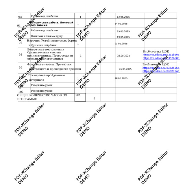 PDF-XChange Editor DEMO PDF-XChange Editor DEMO PDF-XChange Editor DEMO PDF-XChange Editor DEMO PDF-XChange Editor DEMO PDF-XChange Editor DEMO PDF-XChange Editor DEMO PDF-XChange Editor DEMO PDF-XChange Editor DEMO PDF-XChange Editor DEMO PDF-XChange Editor DEMO PDF-XChange Editor DEMO 93   Работа над ошибками  1       12.05.2025    94   Контрольная  раб о та .  Итоговый срез знаний   1   1    14.05.2025    95   Работа над ошибками  1       15.05.2025    96   Написание письма др у гу  1       19.05.2025    Наречия, Устойчивые словоформы 97  в ф у нкции  наречия  1        21.05.2025    Возвратные местоимения Сравнительная степень прилагательн ы х. Превосходная степень прилагательных Биоблиотека ЦОК htt p s:// m .edsoo . ru/8352b 50 8  htt p s:// m .edsoo . ru/8352b 6 8 e   1       22.05.2025 98  Фразовые глаголы. Причастия Биоблиотека ЦОК htt p s:// m .edsoo . ru/8352b 2 6 a  htt p s:// m .edsoo . ru/8352b 0 a 8   настоящего и прошедшего времени  1       26.05.2025 99  Повторение пройденн о го 100  материала  1       28.05.2025    101   Резервные у роки  1           102   Резервные у роки             10 2 ОБЩЕЕ КОЛИЧЕСТВО ЧАСО В ПО ПРОГРАММЕ   7        