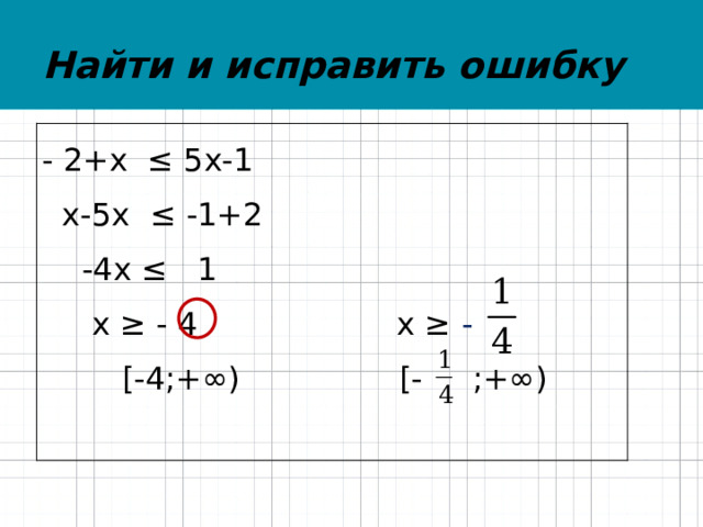 Найти и исправить ошибку   - 2+х ≤ 5х-1  х-5х ≤ -1+2  -4х ≤ 1  х ≥ - 4 х ≥ -  [-4;+∞)  [- ;+∞) 