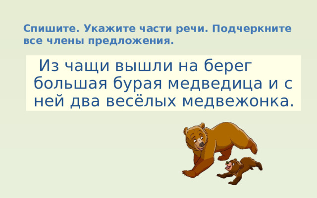 Спишите. Укажите части речи. Подчеркните все члены предложения.  Из чащи вышли на берег большая бурая медведица и с ней два весёлых медвежонка. 