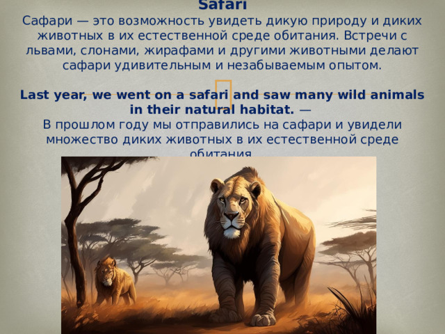 Safari  Сафари — это возможность увидеть дикую природу и диких животных в их естественной среде обитания. Встречи с львами, слонами, жирафами и другими животными делают сафари удивительным и незабываемым опытом.   Last year, we went on a safari and saw many wild animals in their natural habitat.  —  В прошлом году мы отправились на сафари и увидели множество диких животных в их естественной среде обитания.   