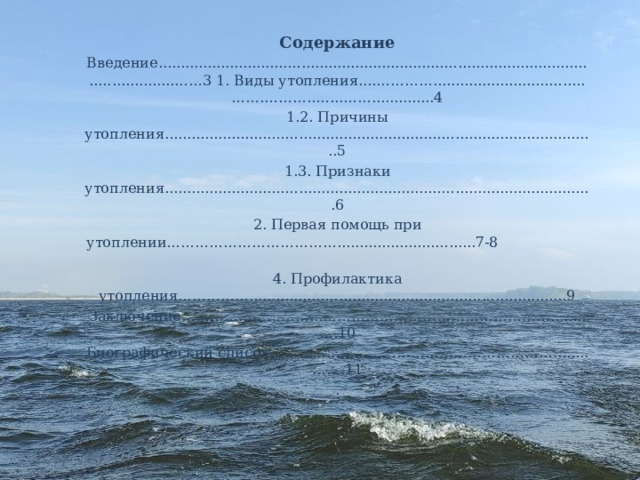 Содержание Введение...................................................................................................................……3 1. Виды утопления....…………..................................…….………..…...……..............4 1.2. Причины утопления.................................................................................................5 1.3. Признаки утопления................................................................................................6 2. Первая помощь при утоплении………………………………...............................7-8 4. Профилактика утопления…………….......................................................................9 Заключение……………………………………………………………………........….10 Биографический список……………...……………………………………........…….11 . 