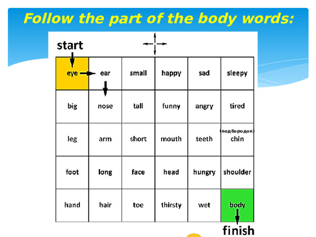 Follow the part of the body words: (подбородок) 