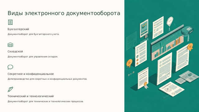 Виды электронного документооборота Бухгалтерский Документооборот для бухгалтерского учета. Складской Документооборот для управления складом. Секретное и конфиденциальное Делопроизводство для секретных и конфиденциальных документов. Технический и технологический Документооборот для технических и технологических процессов.  