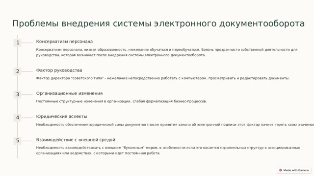 Проблемы внедрения системы электронного документооборота Консерватизм персонала 1 Консерватизм персонала, низкая образованность, нежелание обучаться и переобучаться. Боязнь прозрачности собственной деятельности для руководства, которая возникает после внедрения системы электронного документооборота. Фактор руководства 2 Фактор директора 