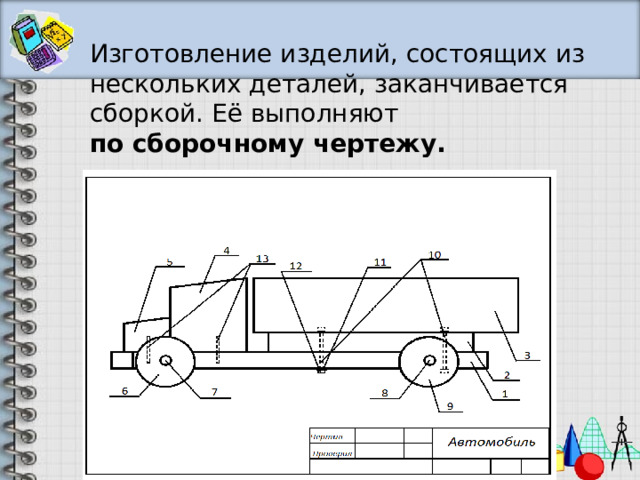 Изготовление изделий, состоящих из нескольких деталей, заканчивается сборкой. Её выполняют  по сборочному чертежу.   