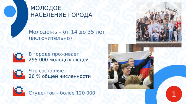 МОЛОДОЕ  НАСЕЛЕНИЕ ГОРОДА Молодежь – от 14 до 35 лет (включительно) В городе проживает  295 000 молодых людей Что составляет  26 % общей численности Студентов – более 120 000; 1 