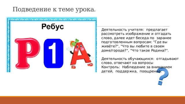 Подведение к теме урока. Деятельность учителя: предлагает рассмотреть изображение и отгадать слово, далее идет беседа по заранее подготовленным вопросам: 