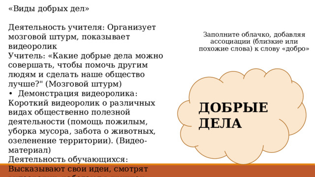 «Виды добрых дел» Деятельность учителя: Организует мозговой штурм, показывает видеоролик Учитель: «Какие добрые дела можно совершать, чтобы помочь другим людям и сделать наше общество лучше?