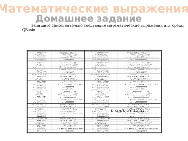 Математические выражения Домашнее задание запишите самостоятельно следующие математические выражения для среды QBasic + b ctg(0,2x-12,5) 
