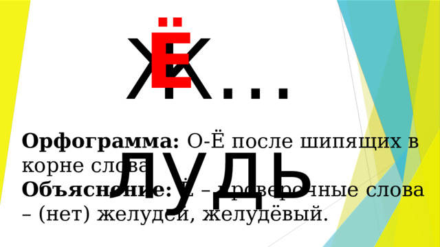 Ё Ж…лудь Орфограмма: О-Ё после шипящих в корне слова Объяснение: Ё – проверочные слова – (нет) желудей, желудёвый. 