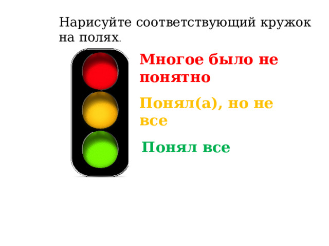 Нарисуйте соответствующий кружок на полях . Многое было не понятно Понял(а), но не все Понял все 