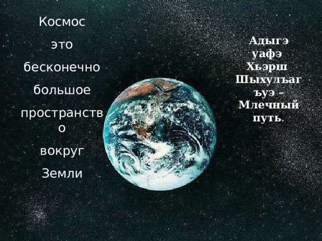 Космос это бесконечно большое пространство вокруг Земли Адыгэ уафэ Хьэрш Шыхулъагъуэ – Млечный путь . 