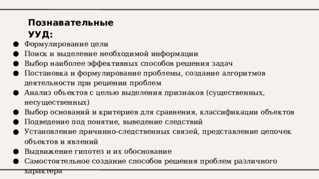 Познавательные УУД:   Формулирование цели Поиск и выделение необходимой информации Выбор наиболее эффективных способов решения задач Постановка и формулирование проблемы, создание алгоритмов деятельности при решении проблем Анализ объектов с целью выделения признаков (существенных, несущественных) Выбор оснований и критериев для сравнения, классификации объектов Подведение под понятие, выведение следствий Установление причинно-следственных связей, представление цепочек объектов и явлений Выдвижение гипотез и их обоснование Самостоятельное создание способов решения проблем различного характера 
