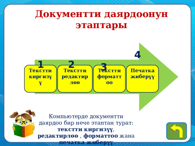 Документти даярдоонун этаптары  4  1  2  3 Текстти киргизүү Текстти редактирлөө Текстти форматтоо Печатка жиберүү Компьютерде документти даярдоо бир нече этаптан турат: текстти киргизүү , редактирлөө , форматтоо жана печатка жиберүү . 