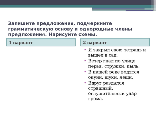 Запишите предложения, подчеркните грамматическую основу и однородные члены предложения. Нарисуйте схемы. 1 вариант 2 вариант Я закрыл свою тетрадь и вышел в сад. Ветер гнал по улице перья, стружки, пыль. В нашей реке водятся окуни, щуки, лещи. Вдруг раздался страшный, оглушительный удар грома. 