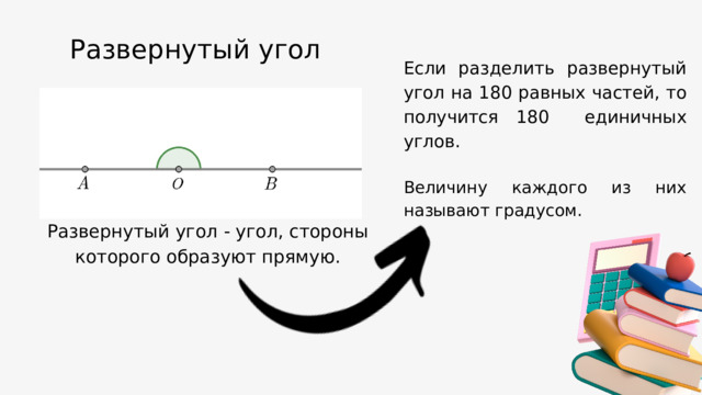 Развернутый угол Если разделить развернутый угол на 180 равных частей, то получится 180 единичных углов. Величину каждого из них называют градусом. Развернутый угол - угол, стороны которого образуют прямую. 
