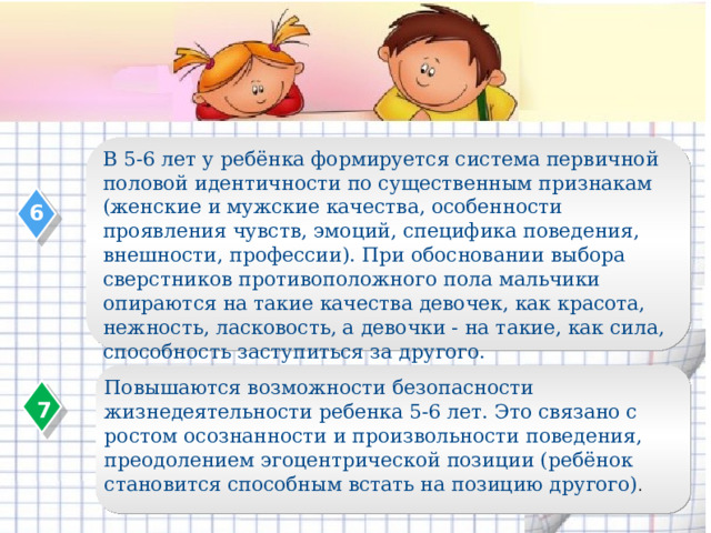 В 5-6 лет у ребёнка формируется система первичной половой идентичности по существенным признакам (женские и мужские качества, особенности проявления чувств, эмоций, специфика поведения, внешности, профессии). При обосновании выбора сверстников противоположного пола мальчики опираются на такие качества девочек, как красота, нежность, ласковость, а девочки - на такие, как сила, способность заступиться за другого. 6 Повышаются возможности безопасности жизнедеятельности ребенка 5-6 лет. Это связано с ростом осознанности и произвольности поведения, преодолением эгоцентрической позиции (ребёнок становится способным встать на позицию другого) . 7  