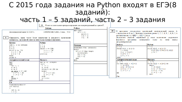 С 2015 года задания на Python входят в ЕГЭ( 8 заданий):  часть 1 – 5 заданий, часть 2 – 3 задания 