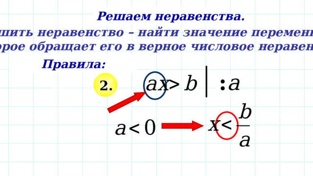 Решаем неравенства. Решить неравенство – найти значение переменной, которое обращает его в верное числовое неравенство. Правила: : а 2. Все действия на слайде – последовательно щелчком мышки.  