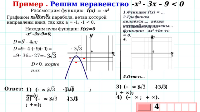 Пример .  Решим неравенство -x 2 - 3x – 9  Рассмотрим функцию f(x) = -x 2 - 3x - 9. 1.Функция f(x) = … Графиком является парабола, ветви которой направлены вниз, так как a = -1; -1 2.Графиком является…, ветви которой направлены… 3.Находим нули функции: аx 2 +bx +c = 0. Находим нули функции: f(x)=0 -x 2 -3x-9=0,  4. - - - 5.Ответ:… 3) (– ∞ ; )  ( ; + ∞); Ответ: 1) (- ∞ ; ]  ( ; +  ); 4) (– ∞ ; + ∞). 2) (– ∞ ; ]  [ ; +  );  4       х 3 х 1 0 